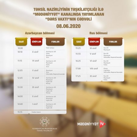 "Dərs vaxtı"nın 8 iyuna olan cədvəli